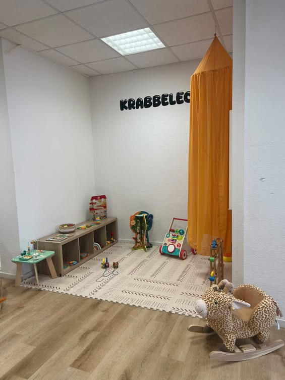 Krabbelecke mit Giraffen-Schaukeltier und Baldachin